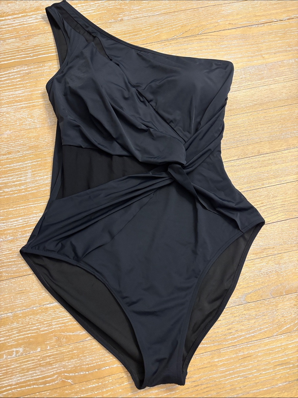 One-Shoulder Mesh Black Twist-Front One-Piece Swimsuit, Large